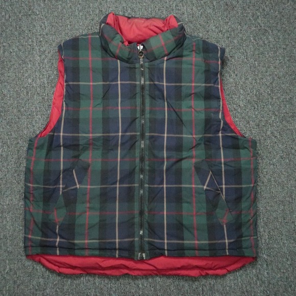 Eddie Bauer Vest Mens Large Red Blue Tartan Plaid Goose Down Reversible Full Zip